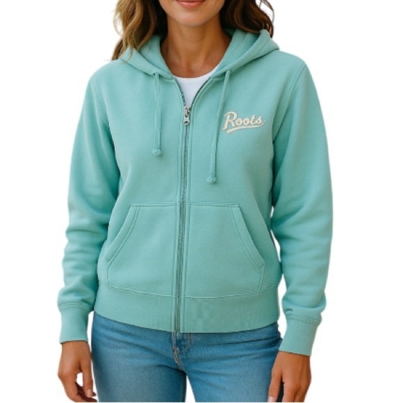 VINTAGE Roots Mint Green Zip Hoodie Chest Graphic Logo Pockets Canada Size L - Picture 1 of 11
